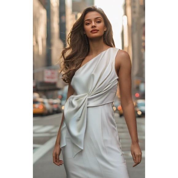 NEW* ELiza J Gown Twist Bow Front One Shoulder Sleeveless Zip Ivory Size 8 P* - Picture 1 of 11